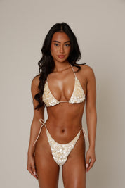 Concha Shell Bikini Top in Cream - detail of hand-stitched shells