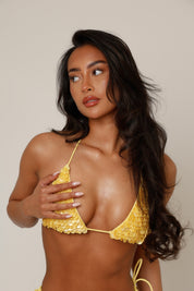 Concha Shell Bikini Top in Yellow - poolside styling shot