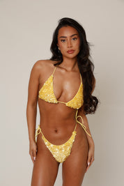 Concha Shell Bikini Bottom in Yellow - detail of hand-stitched shells