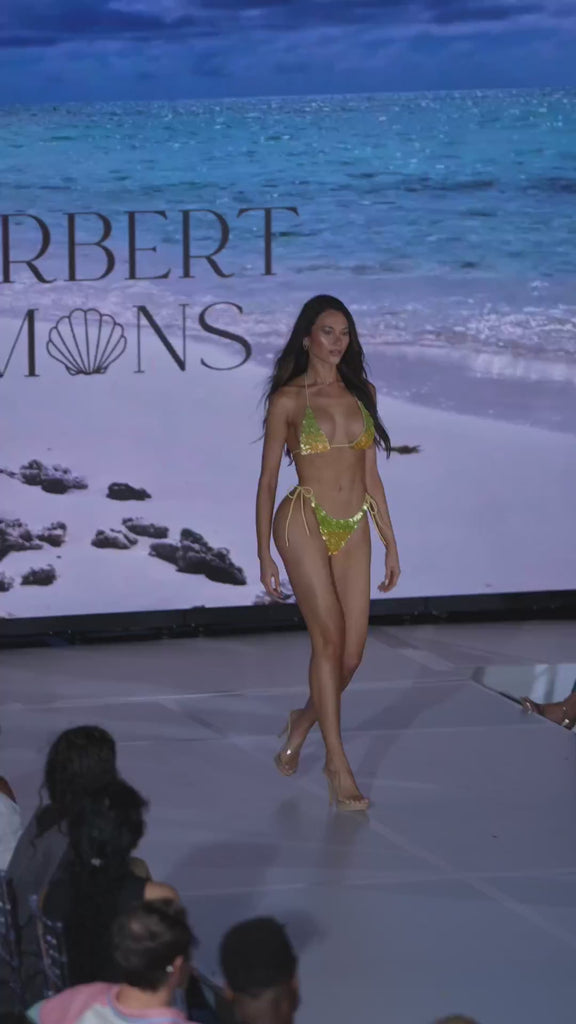 Yellow Green Concha Shell ombre sequin bikini, runway