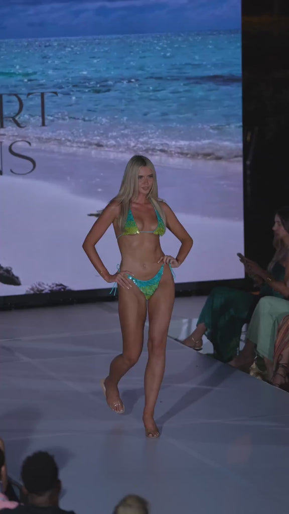 Blue Green Concha Shell ombre sequin bikini, runway