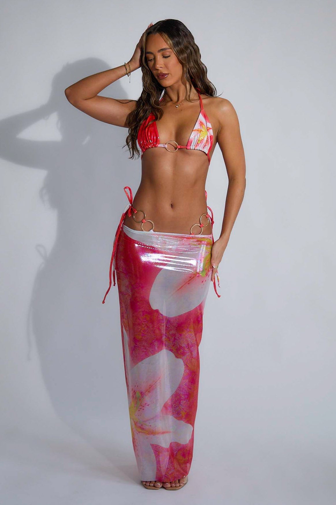 Red Floral Sparkle Mesh Skirt - Front