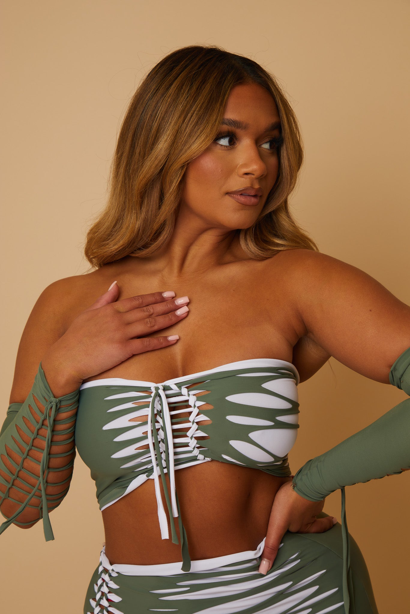 Khaki Slashed Bandeau and Skirt Set