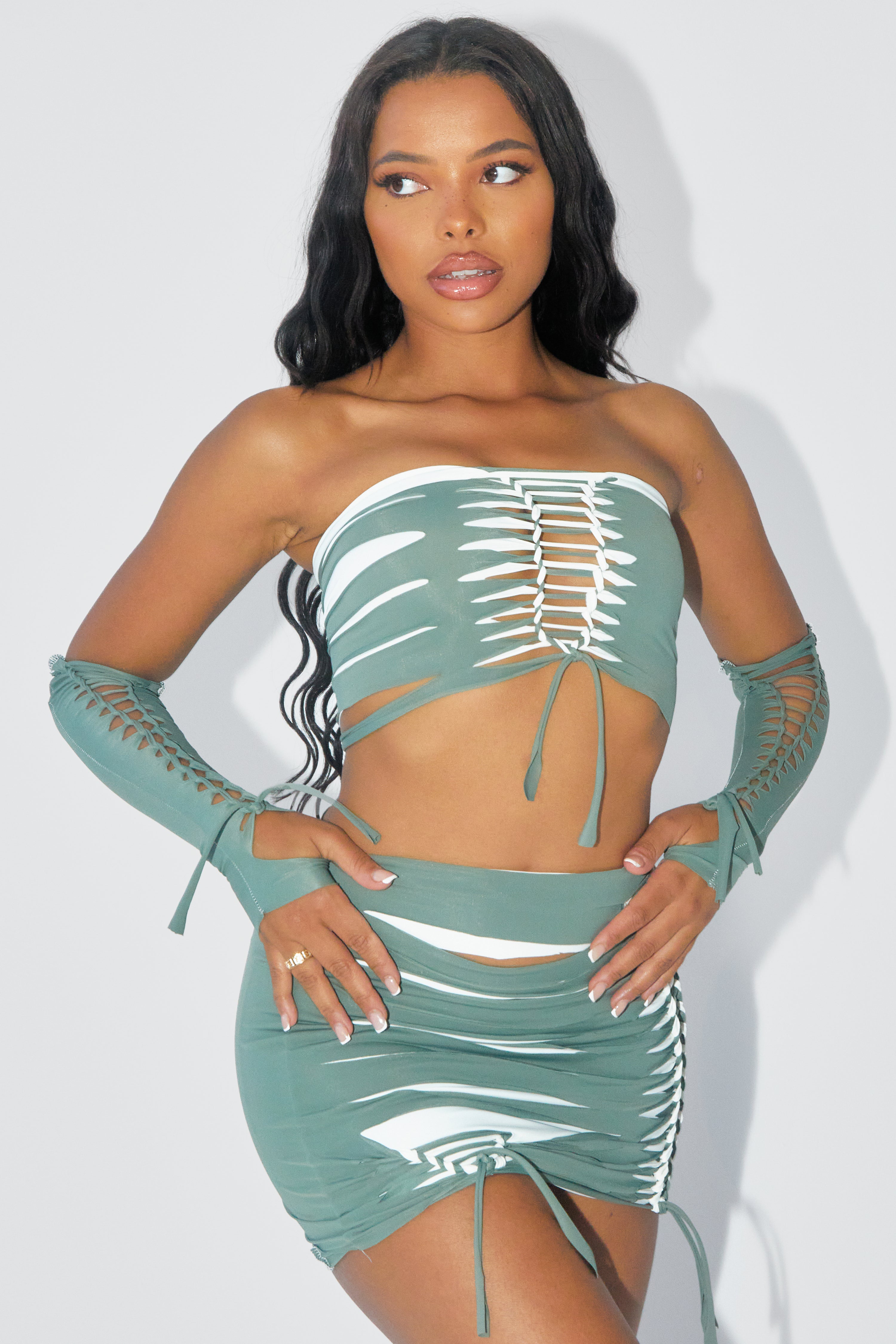 Khaki Slashed Bandeau and Skirt Set